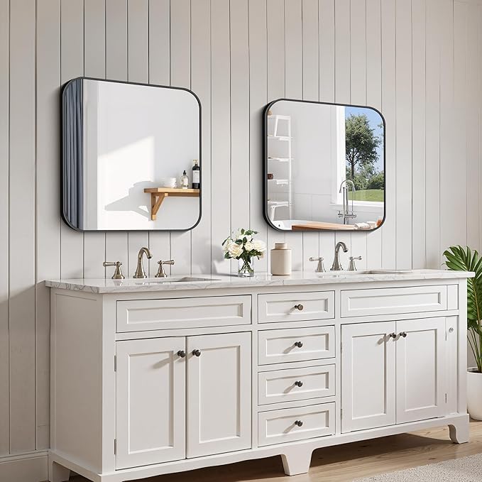 FORBATH Bathroom Mirror for Over Sink 24x24 Inch Black, Square Wall Mirror with Metal Frame, Rounded Corners for Bathroom, Bedroom, Entryway Décor