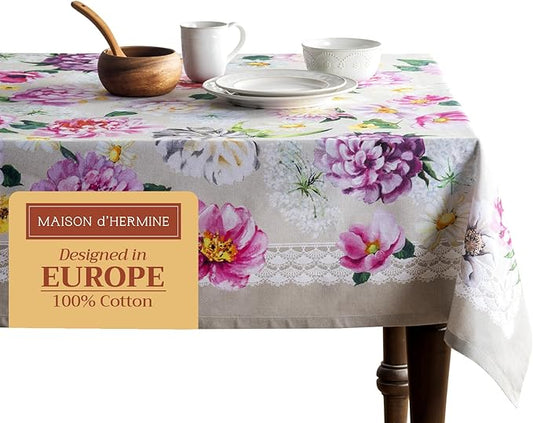 Maison d' Hermine Table Cloth Rectangle Table 100% Cotton 60 x 108 Inches Tablecloth Reusable Decorative Everyday Use for Dining Room, Farmhouse, Home, Party, Festive & Wedding Spring Summer - Pivoine
