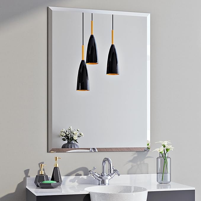 Rectangle Bevelled Frameless Mirror - Wall Mirror 24” x 36”, Shatterproof Modern Bathroom Mirror for Gym, Bathroom Vanity, Entryways with Bevelled Edge, Horizontally or Vertically