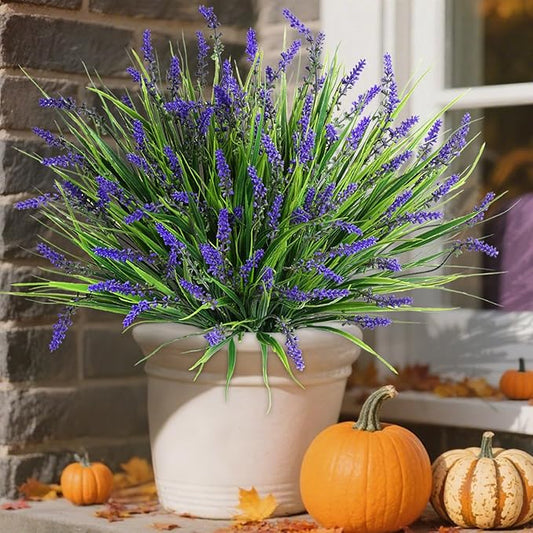 Artificial Fake Outdoor Plants Flowers for Decoration,10 Bundles 16.5" UV Resistant Plastic Tall Realistic Faux Monkey Grass Greenery Stems for Home Outside Planter Window Porch Patio Garden-Purple