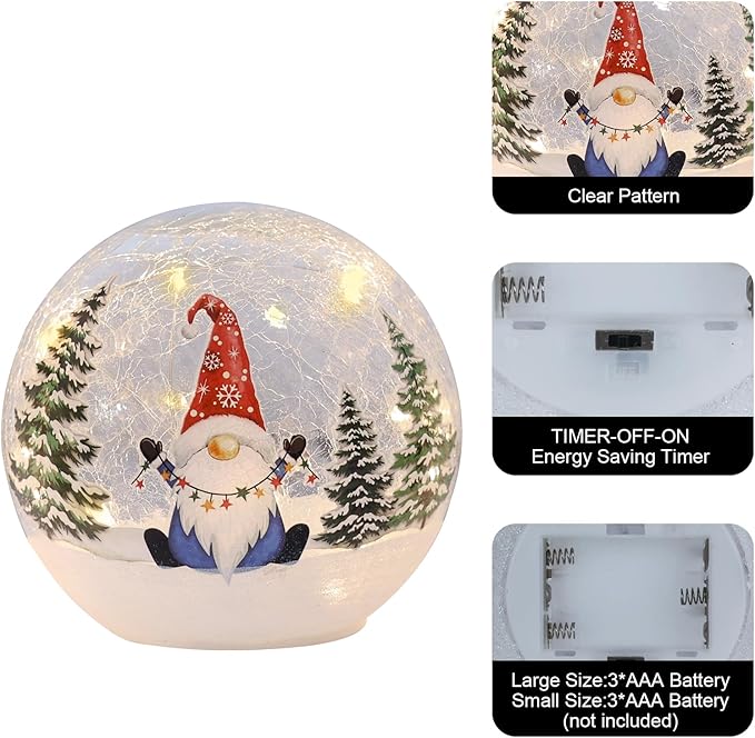 YEAHOME Christmas Decorations Indoor, 3 Pcs Lighted Gnomes Christmas Snow Globes Home Decor, Christmas Table Decorations LED Crackle Glass Ball with Timer for Living Room Fireplace Tabletop