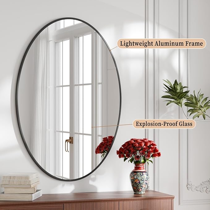 24"x36" Oval Bathroom Mirror with Black Metal Frame - Oval Wall Mirror Hanging or Leaning Vertical or Horizontal for Bedroom, Living Room, Entryway
