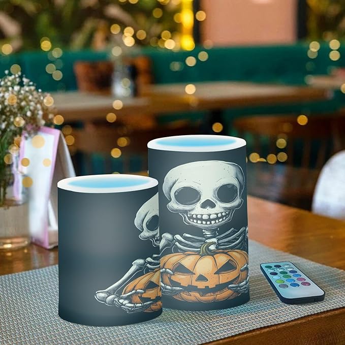 ALAZA Halloween Skeleton Skull Pumpkin Flickering Flameless Candles Battery Operated with Remote Timer,Tea Light Candles LED Pillar Votive Candles Set of 2 for Outdoor Indoor Decorations