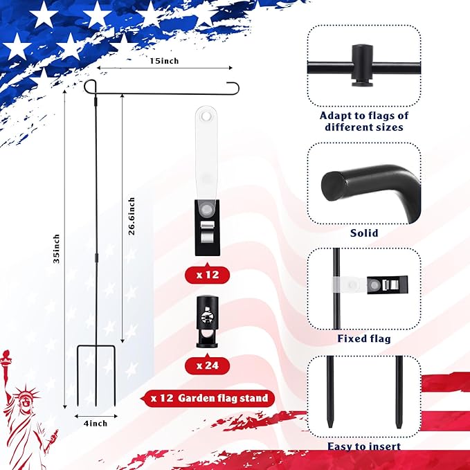 Therwen 12 Pack Garden Flag Stand 36.2 x 16.5 Yard Flag Holder Heavy Duty, with 3 Prong Base, Decorations,with Clip Spring Stoppers for Outdoor Garden Yard Lawn