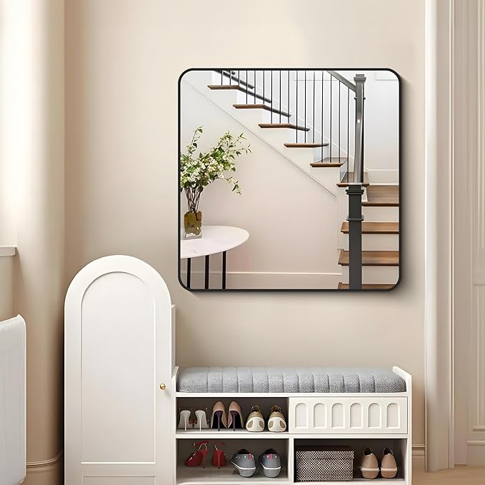 FORBATH Bathroom Mirror 30" x 30", Large Square Wall Mirror with Black Aluminum Frame Rounded Corner, Wall Mounted Mirror for Bathroom Bedroom Entryway Living Room