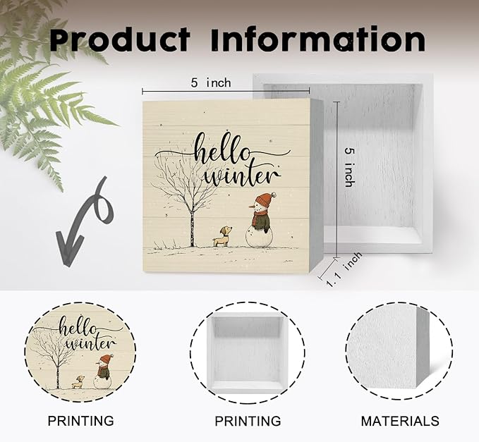 Hello Winter Sign, Winter Decorations for Home, Christmas Snowman Snowflake Wooden Box Sign, Snowman Christmas Wood Signs for Home Office Desk Table Shelf Decor, 5x5 Inch