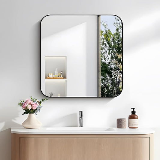 FORBATH Bathroom Mirror for Over Sink 24x24 Inch Black, Square Wall Mirror with Metal Frame, Rounded Corners for Bathroom, Bedroom, Entryway Décor