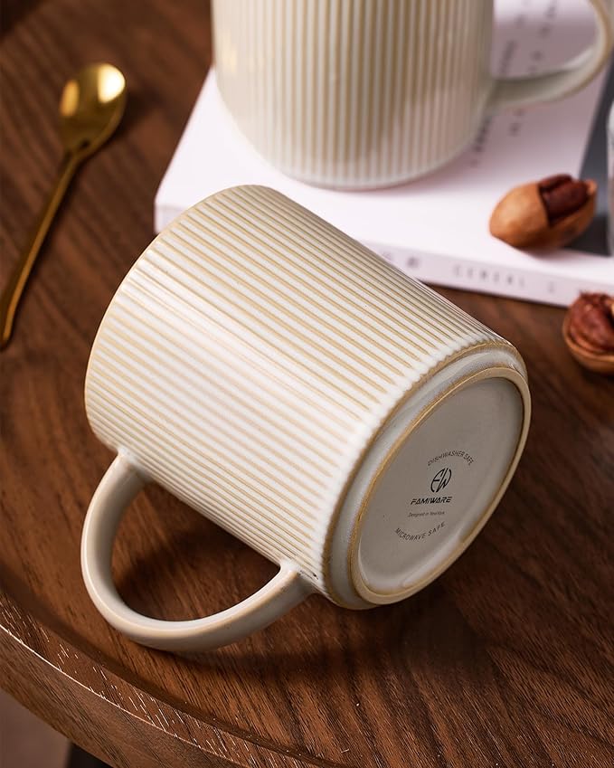 famiware Coffee Mug Set for 4, Star 16 oz Catering Mugs Cup Set with Handle for Coffee, Tea, Cocoa, Milk - Ceramic Stoneware Drinkware Set, Cappuccino White