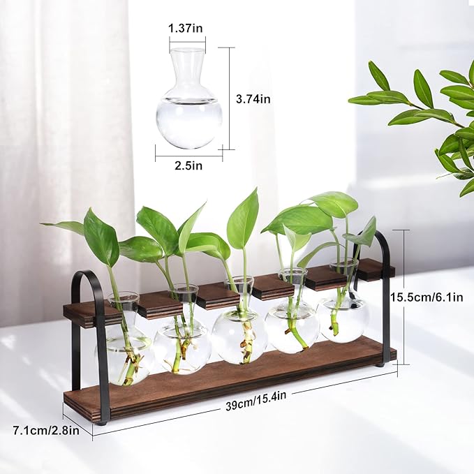 THYGIFTREE Plant Propagation Stations with Wooden Stand, Desktop Retro Plant Terrarium Bulb Vase for Indoor Hydroponic Flowers, Tabletop Glass Planter Housewarming Gifts for Plant Lovers