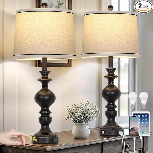 28" Black Farmhouse Table Lamps Set of 2, Rustic Lamp for Living Room with USB C+A Ports & AC Outlet, 3 Way Touch Control Resin Bedside Lamps, Retro Bedroom Lamp for Nightstand Side End Table Desk