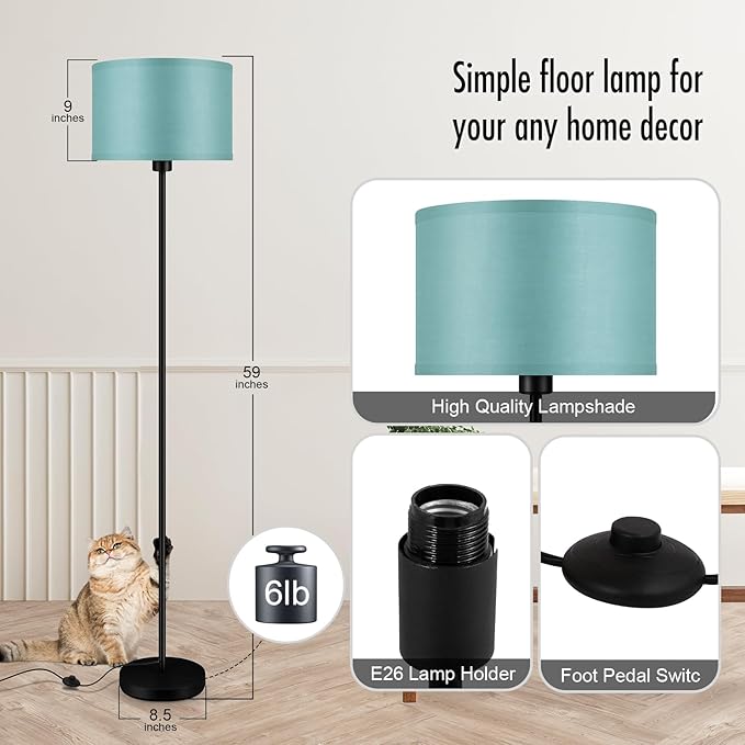 Black Floor Lamp Standing Lamp, 58" Tall LED Floor Lamp, Simple Living Room Lamps with Lampshade, Foot Pedal Switch, Small Tall Lamp for Bedroom/Dining Room/Boys' Room/Girls' Room, Green(Without Bulb)