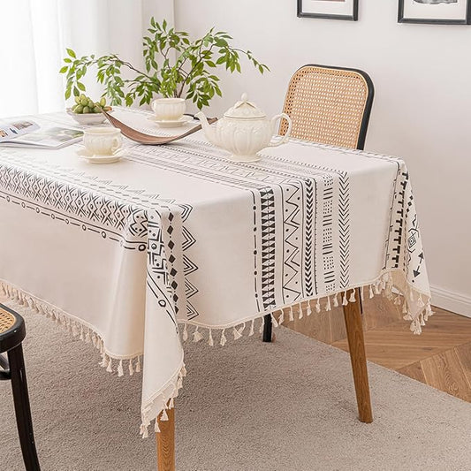 Waterproof Tassels Tablecloth, Bohemian Orange Colorful Table Cloth,White Black,Rectangle for 8 Foot,Fall Summer Dining Table Cover,Mexican,Indoor Outdoor,Farmhouse,Cute Vintage,Cotton