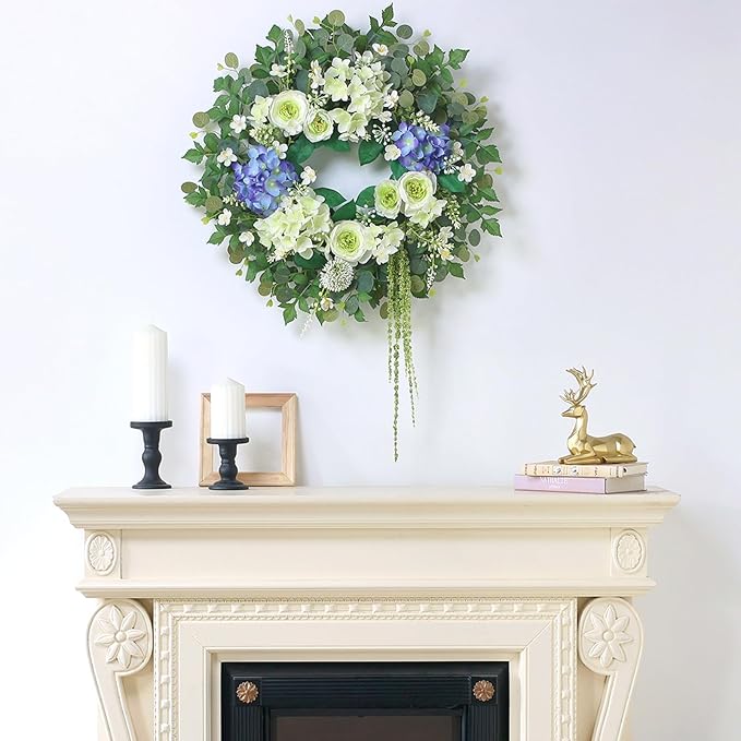 26" Hydrangea & Eucalyptus Wreath for Front Door, Porch, Window - Large Artificial Silk Flowers Outdoor Wreath for Home, Farmhouse, Wedding Decor - Spring, Summer, All Seasons (White&Purple)