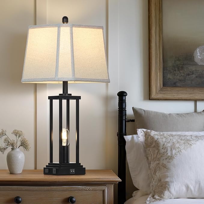 27" Tall Farmhouse Table Lamps with Bell Lampshade, Black Industrial Living Room Lamps Set of 2 with Night Light, Rustic Bedside Lamp with USB C+A Port & AC Outlet, Vintage Bedroom Lamp for Nightstand