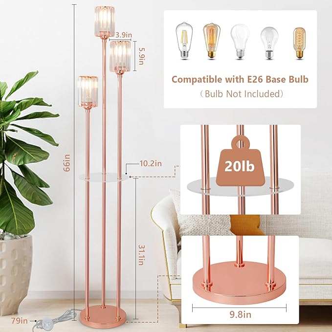 HMVPL Pink Floor Lamp for Living Room, Crystal Floor Lamp with Shelves, Girls Standing Lamp with Table, Modern Corner Lamp with On/Off Switch, Unique Tall Lamp for Bedroom Nursery Office