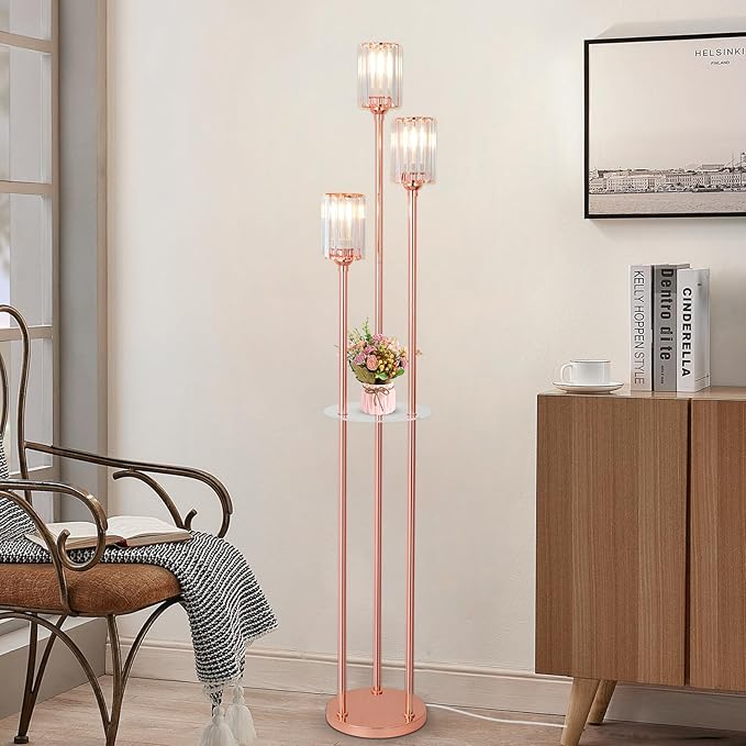 HMVPL Pink Floor Lamp for Living Room, Crystal Floor Lamp with Shelves, Girls Standing Lamp with Table, Modern Corner Lamp with On/Off Switch, Unique Tall Lamp for Bedroom Nursery Office