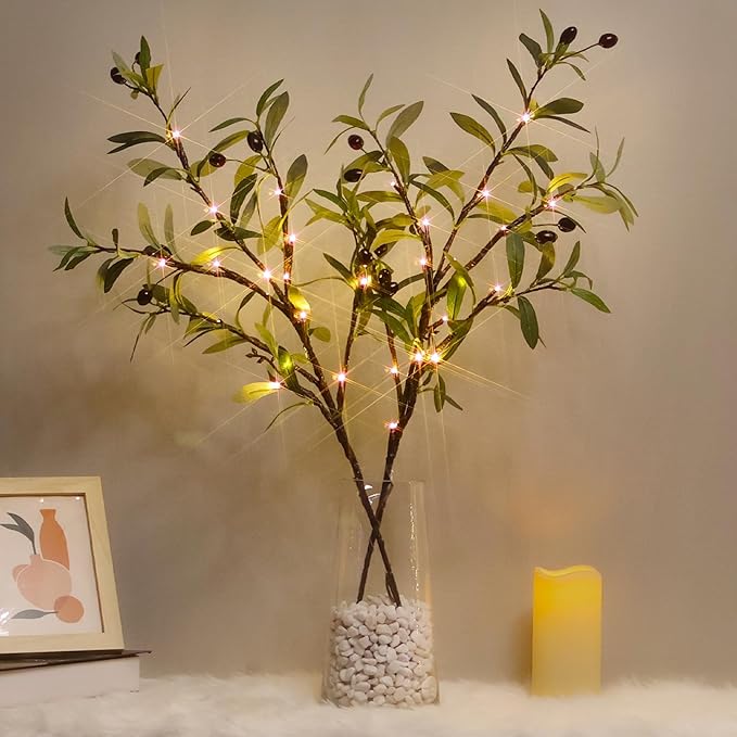 Lighted Olive Branches for Vases, 32 Inch Olive Branches with 32 LED Lights, Battery Powered Artificial Branch, Prelit Tree Branch for Home Wedding Indoor Outdoor Spring Decorations, Timer