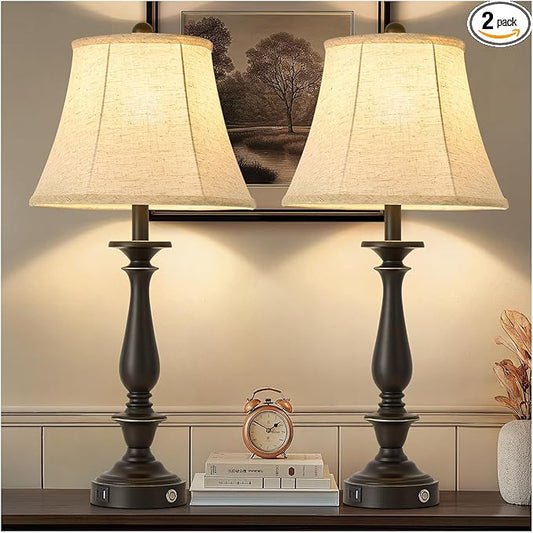 AIDENOEY 28.5" Traditional Table Lamp Set of 2, Rustic Farmhouse Table Lamps for Living Room Bedroom, Bedside Desk Lamps Vintage Nightstand Lamps with Silk Fabric Shades, Oil Rubbed Bronze