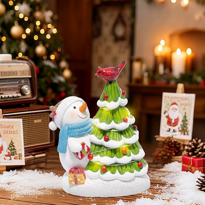 Hodao Christmas Tree Figurine Decorations — Lighted Hand-Painted Resin Snowman with Cardinal, Tabletop Decor for Family or Friends | Mantel, Shelf, Living Room Display