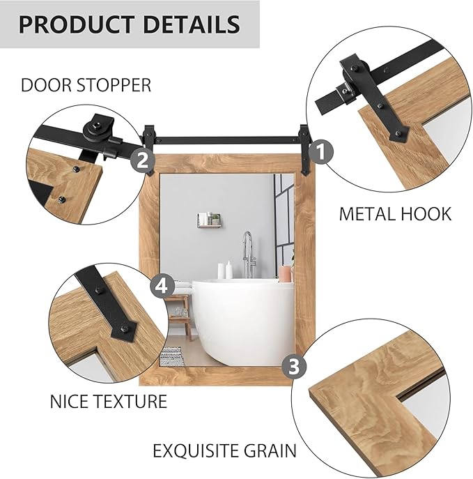 Farmhouse Bathroom Mirror 18" x 24" Rustic Wood Framed Wall Barn Door Mirror for Bathroom, Living Room, Bedroom Wall Decor (Brown)