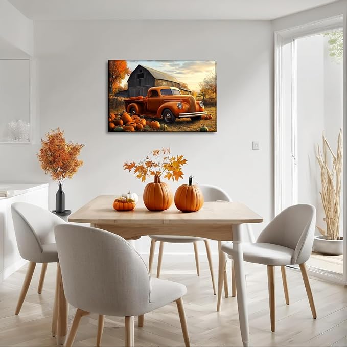 Pumpkin Wall Art Autumn Harvest Canvas Wall Decor Rustic Farmhouse Truck Picture Fall Painting Vintage Artwork for Living Room Bedroom Home Halloween Decor Framed(Art-3,16.00"x24.00")