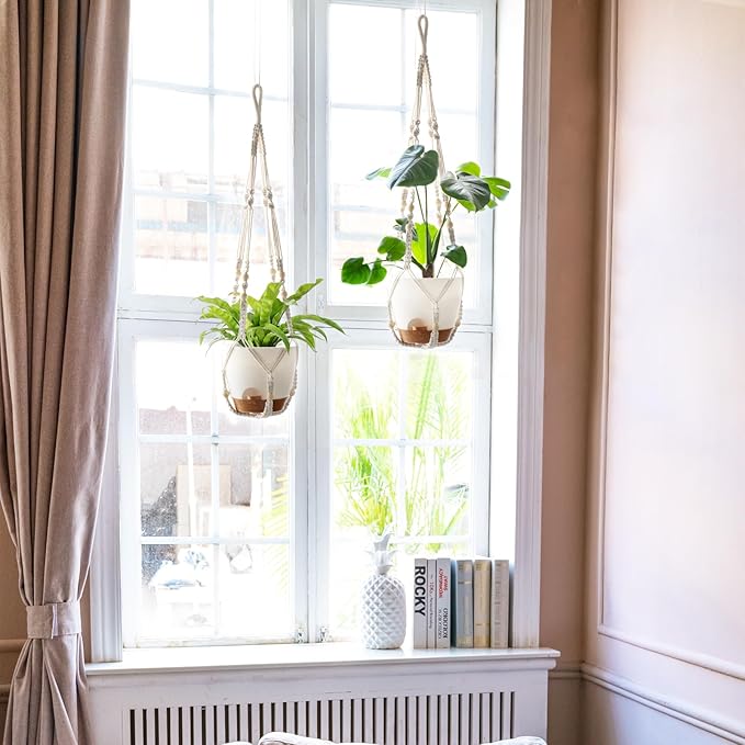Mkono 7.5 Inch Hanging Planters, Macrame Plant Hangers with Self Watering Plant Pots Indoor Set of 2 Hanging Baskets Flower Pot Holders with Hooks No Tassels for Boho Home Decor, Ivory