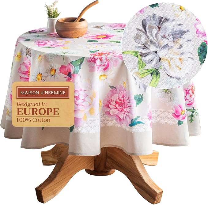 Maison d' Hermine Table Cloth Round Table 100% Cotton 63 Inches Tablecloth Reusable Decorative Everyday Use for Dining Room, Farmhouse, Home, Party, Festive & Wedding Spring Summer - Pivoine