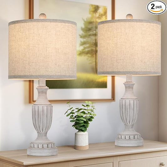 TOBUSA Farmhouse Living Room Table Lamps Set of 2, Grey Rustic Vintage Table Lamps for Bedroom Nightstand, Antique Bedside Desk Lamps with Linen Shade, 22’’ Traditional Resin Lamp Sets for End Table