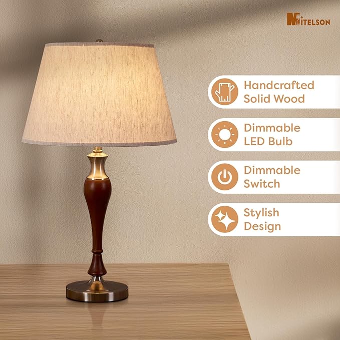 Table Lamp, Modern Nightstand Desk Lamp with Dimmer Switch and Bulb, Mid Century Lamp for Living Room and Office, Wood Bedside Lamp for Bedroom, Home Décor, Walnut Wood Finish