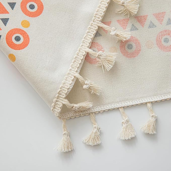 Waterproof Tassels Tablecloth, Bohemian Orange Colorful Table Cloth,White Black,Rectangle for 8 Foot,Fall Summer Dining Table Cover,Mexican,Indoor Outdoor,Farmhouse,Cute Vintage,Cotton