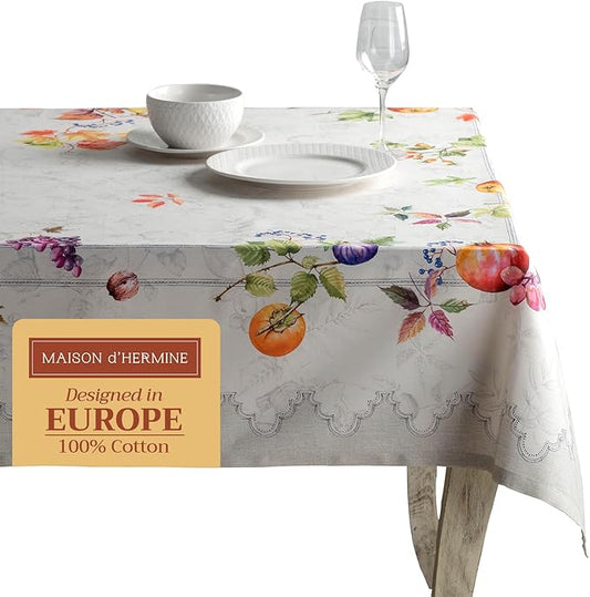 Maison d' Hermine Table Cloth Rectangle Table 100% Cotton 60 x 90 Inches Fall Tablecloth Reusable Everyday Use for Thanksgiving Christmas Decorations Dining Farmhouse Party (Fruit D'Hiver)