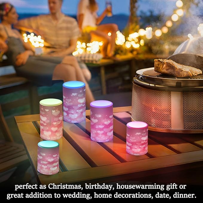 ALAZA Hearts Pink Background Flickering Flameless Candles Battery Operated with Remote Timer,Tea Light Candles LED Pillar Votive Candles Set of 2 for Outdoor Indoor Decorations