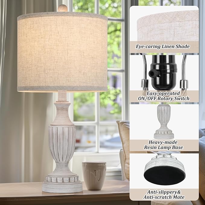 TOBUSA Farmhouse Living Room Table Lamps Set of 2, Grey Rustic Vintage Table Lamps for Bedroom Nightstand, Antique Bedside Desk Lamps with Linen Shade, 22’’ Traditional Resin Lamp Sets for End Table