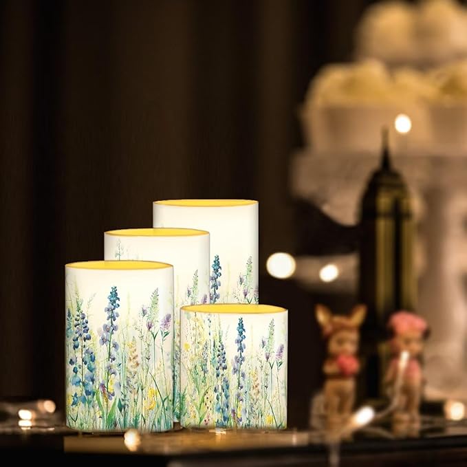 Flameless Candles Battery Powered LED Candles with Remote Timer Color Changing Control for Indoor Outdoor Home Table Beach Wedding Decoration Set of 4, Blue Green Floral