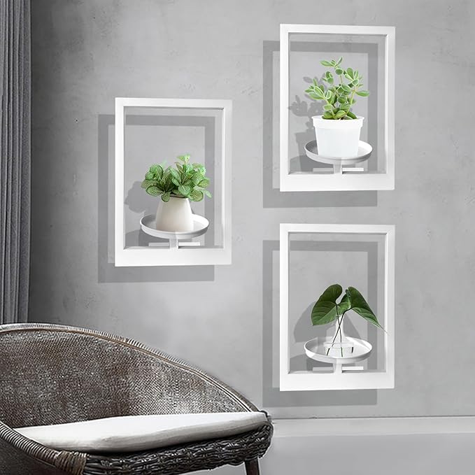 Picture Frame Plant Holder, Wall Mount Plants shelf Indoor Outdoor, Metal Hanging Planters Stand Decor, Window Planter Hanger Shelves, Modern Floating Ornament Rack Art for Home & Garden(White 3pc)
