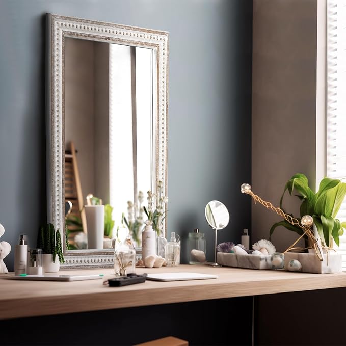 35x23 Inch Boho Wooden Rectangle Wall Mirror, Rustic Farmhouse Rectangular Mirrors for Bathroom, Bedroom, Living Room, Entryway Decorative - Vertical or Horizontal Hanging