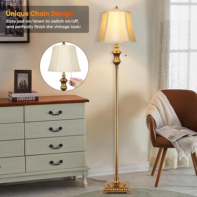 Gold Vintage Floor Lamp for Living Room, Traditional Mid-century Floor Lamp with Elegant Silk Fabric Lampshade, 64inch Tall Standing Lamp Bedroom LED Pole Lamp, Retro Stand Up Lamp for Home Office