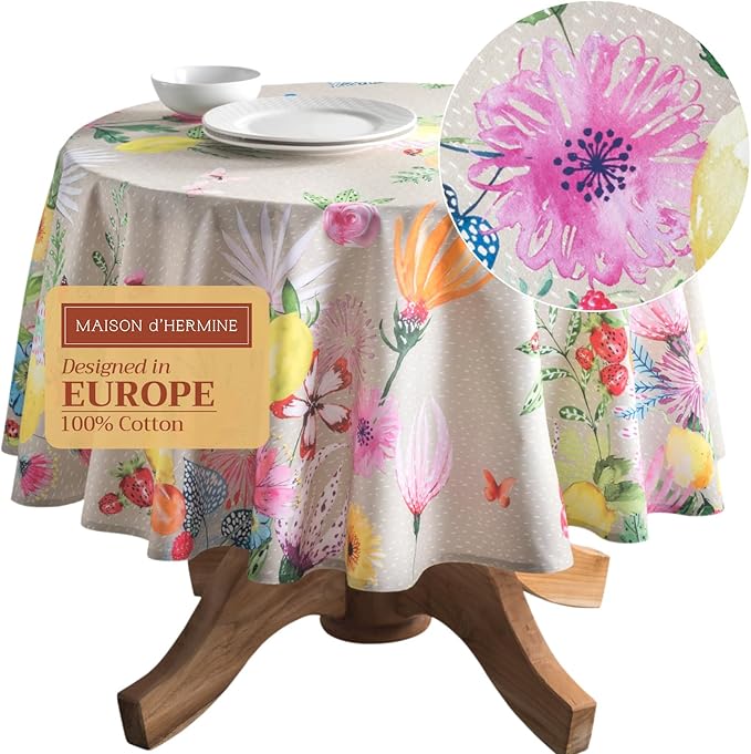 Maison d' Hermine Table Cloth Round Table 100% Cotton 63 Inches Tablecloth Reusable Decorative Everyday Use for Dining Room, Farmhouse, Home Party, Festive & Wedding Spring Summer - Jardin D'Ete - Fog
