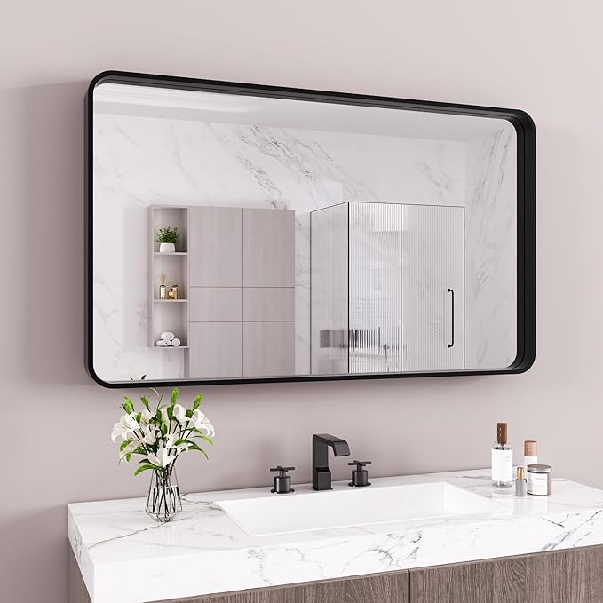 Black Bathroom Mirror 60X40 Inch, Black Metal Framed Mirror for Wall, Rounded Rectangle Matte Bathroom Vanity Mirror with Tempered Glass, Anti-Rust, Horizontal/Vertical