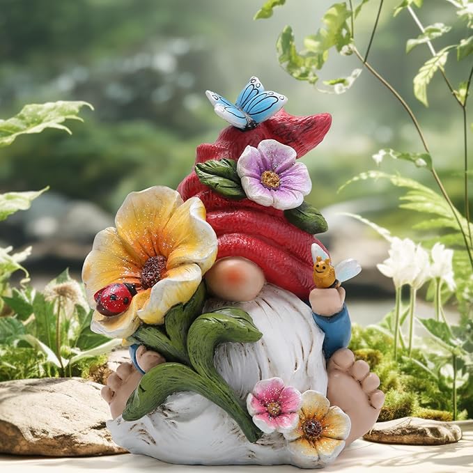 Hodao Gnome Figurine Decorations Indoor Home Decor Butterfly Bee Seven Star Ladybug - Dancing Spring Petal Gnome - Summer Garden Patio Gnome Sculpture Decorations (Flower gnome)