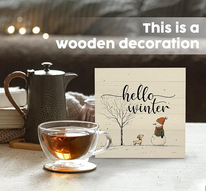 Hello Winter Sign, Christmas Snowman Snowflake Wooden Box Sign, Snowman Christma Decorations, Winter Christma Wood Signs for Home Office Desk Table Shelf Decor, 8x8 Inch
