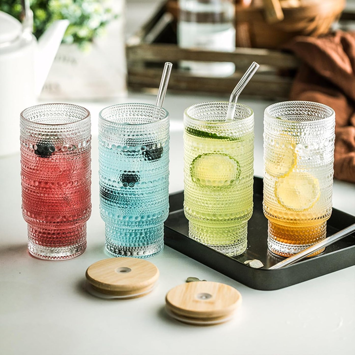 KEMORELA Set of 6 Hobnail Drinking Glasses with Cool Glassware Lid and Straw, 16oz XL Highball Bubble Cocktail, Old Fashioned Beverage Glasses, Romantic Water Glasses for Juice