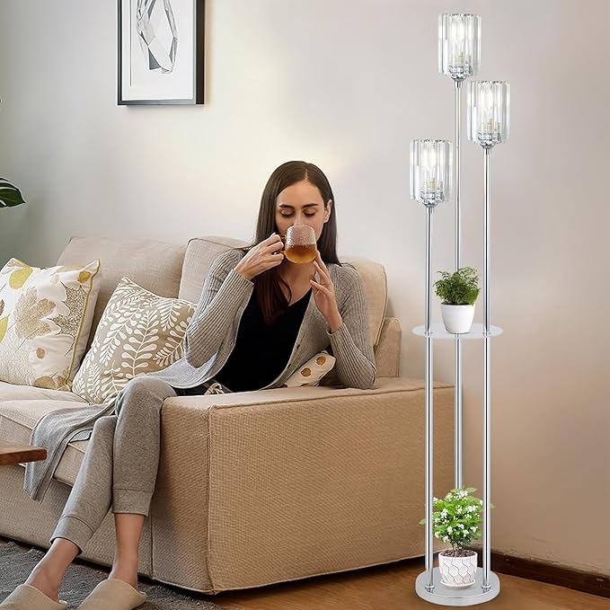 HMVPL Crystal Floor Lamps for Living Room, Modern Floor Lamp with Shelves, 3-Lights Standing Lamp with Crystal Shade, On/Off Foot Switch, Silver Corner Floor Lamp for Bedroom Living Room Office(66")