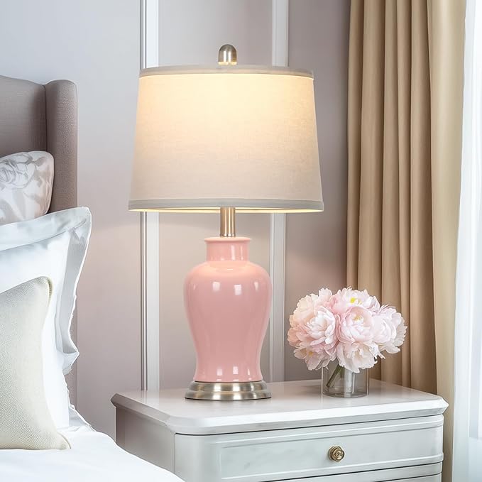 23" Pink Ceramic Table Lamps for Living Room, Modern Ceramic Lamps with Ginger Jar Design, Cute Bedside Lamp Set of 2, Elegant Bedroom Lamp for Nightstand Dining Room Side End Table Homedecor