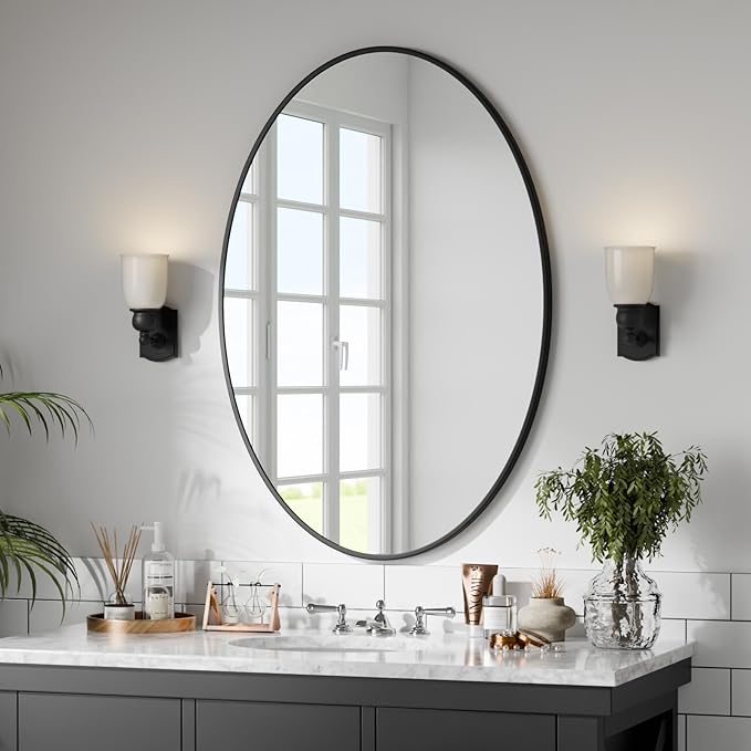 26"x38" Oval Bathroom Mirror with Black Metal Frame - Hanging or Leaning Oval Wall Mirror for Bathroom, Bedroom, Living Room, Entryway