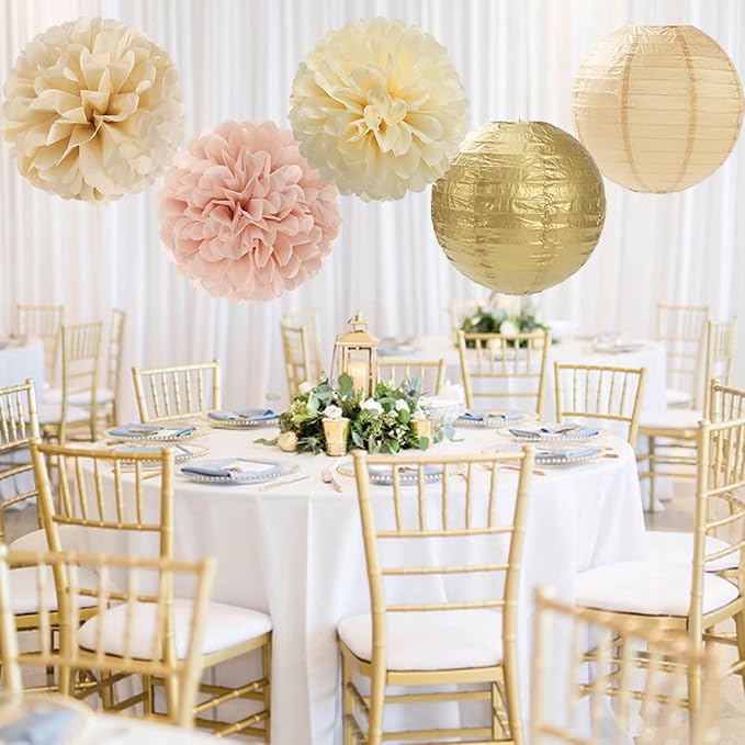 Champagne Gold Beige Paper Flowers Tissue Pom Poms Honeycomb Lanterns 15pcs Party Decorations Boho Fall Rustic Birthday Baby Bridal Shower Neutral Autumn Wedding Bridal Hanging Decor Mprocherify