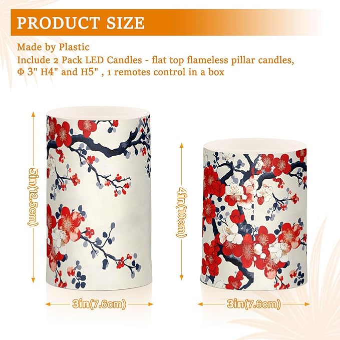 ALAZA Chinese Art Cherry Blossom Flickering Flameless Candles Battery Operated with Remote Timer,Tea Light Candles LED Pillar Votive Candles Set of 2 for Outdoor Indoor Decorations