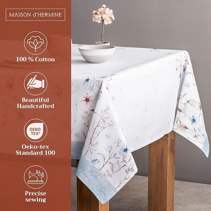 Maison d' Hermine Table Cloth Rectangle Table 100% Cotton 60 x 108 Inches Fall Tablecloth Reusable Everyday Use for Thanksgiving Christmas Decorations Dining Farmhouse Party (Ice Florals)
