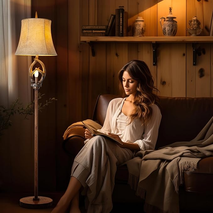 Scenekoy Rustic Farmhouse Antlers Floor Lamp with Night Light Faux Leather Bell Shade Brown Finish Tall Industrial Tall Standing Lamp Decor for Living Room Bedroom Hotel Office (Bulb Included)