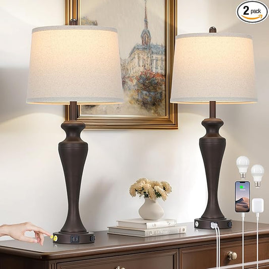 30" Brown Table Lamps Set of 2, 3-Way Touch Control Bedside Lamp with USB A+C Ports and AC Outlet, Tall Living Room Lamps for End Table, Elegant Coffee Bedroom Lamp for Night Stand